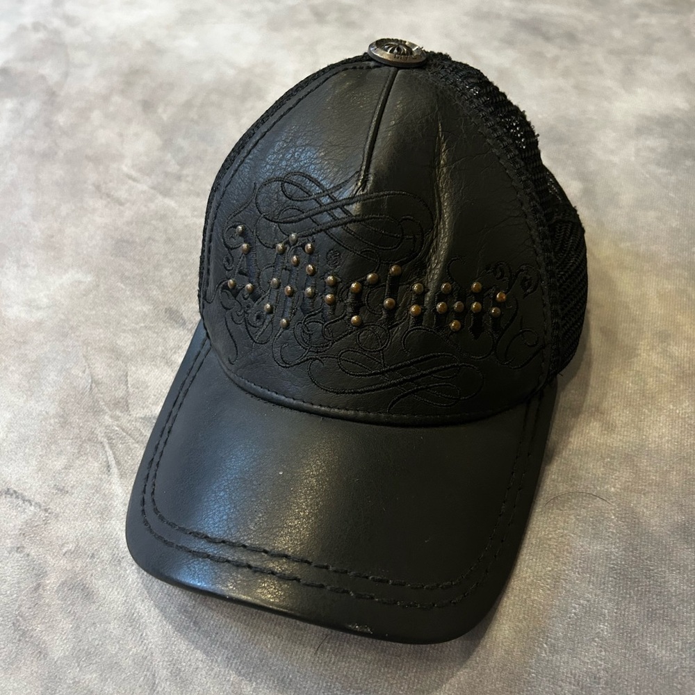 Affliction Live Fast Black Studded Leather-look Embroidered Trucker Cap